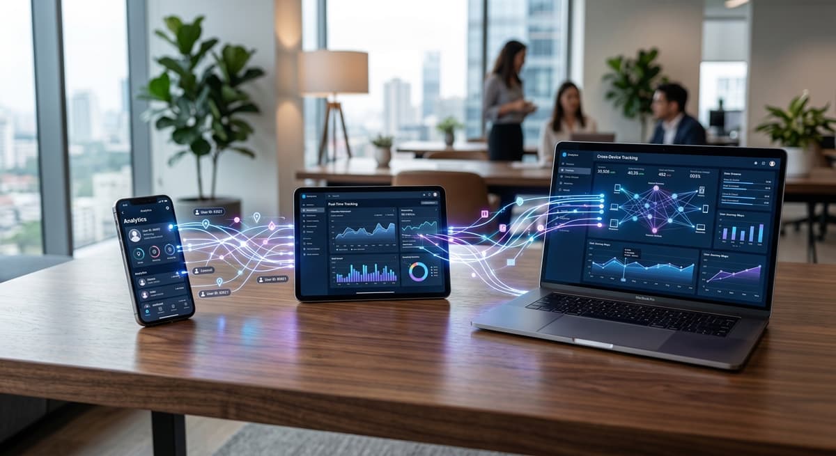 스마트폰·태블릿·노트북이 데이터 스트림으로 연결된 Cross-Device Tracking 시각화, User ID 기반 통합 추적