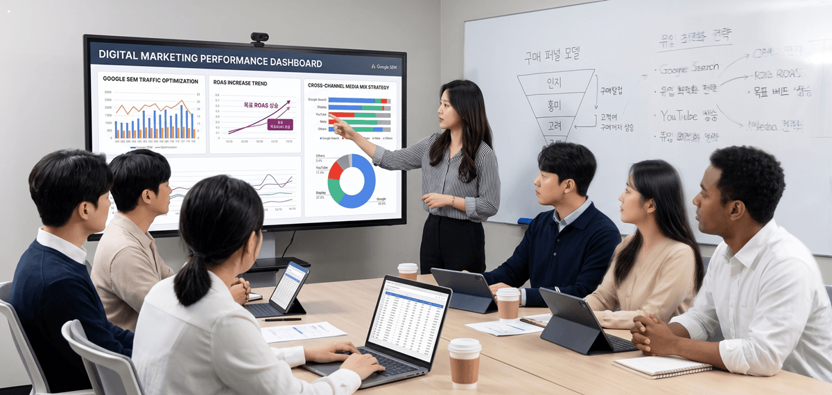A realistic corporate meeting photo where three marketing strategists are collaborating in front of a glass whiteboard covered in media mix charts and funnel diagrams. A laptop on the table shows ad budget allocation sheets. Natural daylight from a large window, candid and authentic office environment.