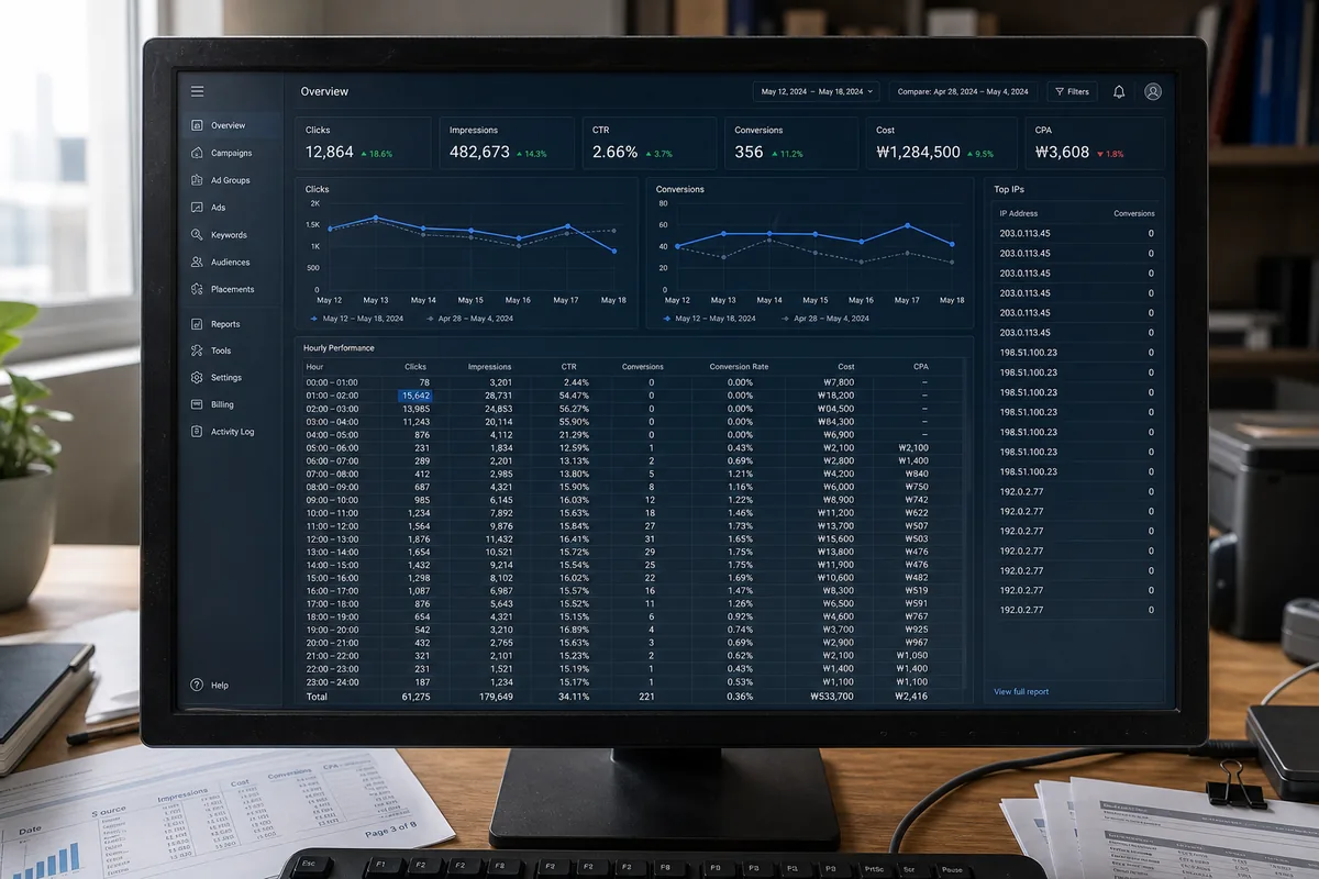구글 애즈 부정클릭 차단 및 환불 신청 점검을 위한 시간대별 클릭 수 dashboard 화면과 반복 IP 목록