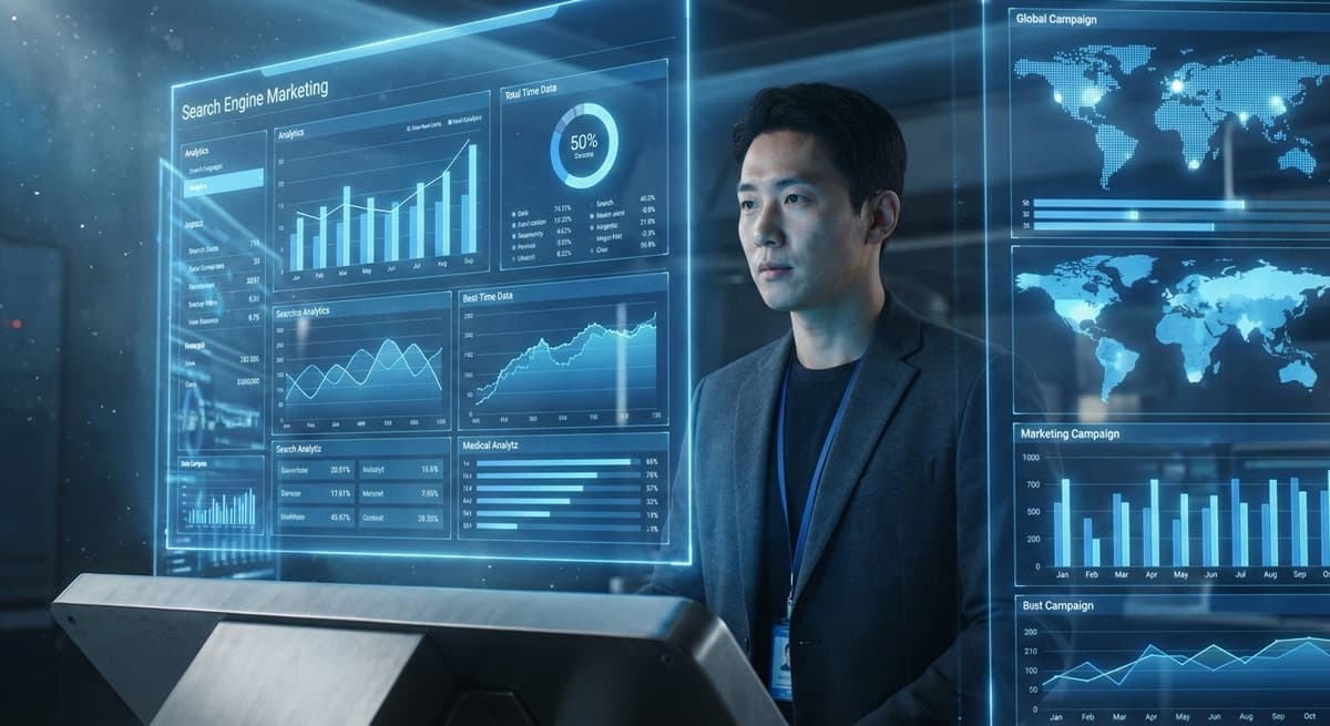 미래형 3D 디지털 마케팅 제어 센터에서 전문 분석가가 Search Engine Marketing 성과 데이터를 확인하는 모습으로, 고해상도 8k 렌더링과 Cinematic lighting이 적용된 가시적 데이터 시각화 시나리오입니다.