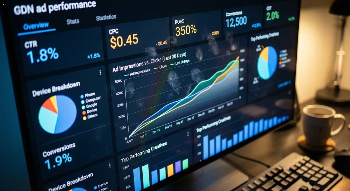 GDN 광고의 CTR, CPC 등 주요 Metrics를 시각화한 데이터 대시보드를 Leica M11 렌즈의 얕은 Depth of Field로 포착한 고해상도 이미지.