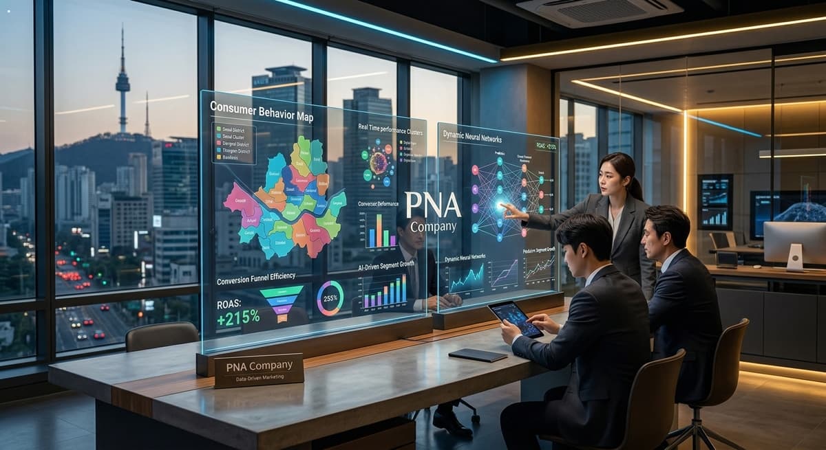 서울의 하이엔드 테크 오피스에서 PNA Company 마케팅 전문가들이 대형 Glass monitors를 통해 AI data를 분석하는 모습입니다. Arri Alexa 65의 광학적 Realism과 PBR 기반의 데이터 시각화 발광 효과가 구현되었습니다.
