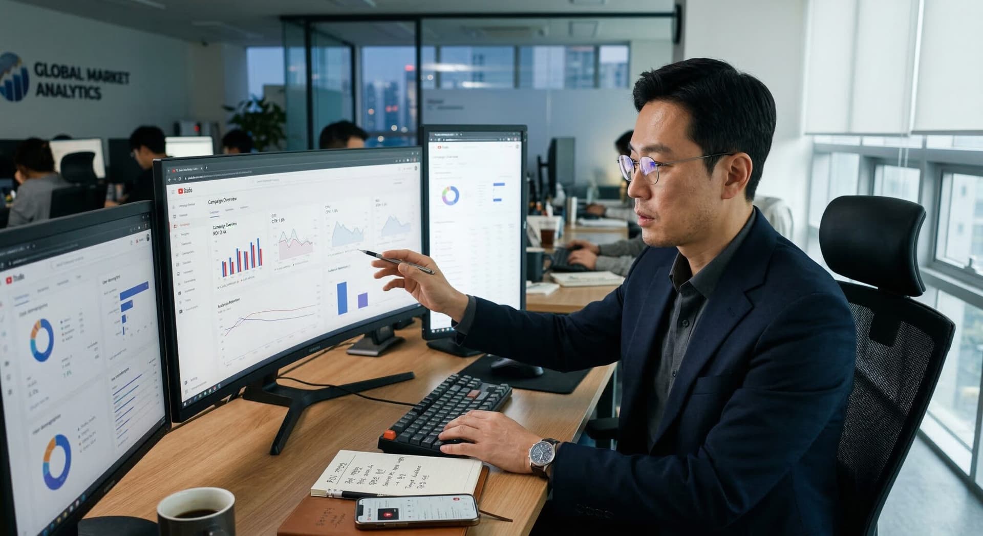 한 마케팅 전문가가 YouTube Ads 캠페인의 ROI 향상을 위해 Marketing Analytics Dashboard를 분석하며 Video Marketing Strategy를 수립하는 고해상도 실사 장면.