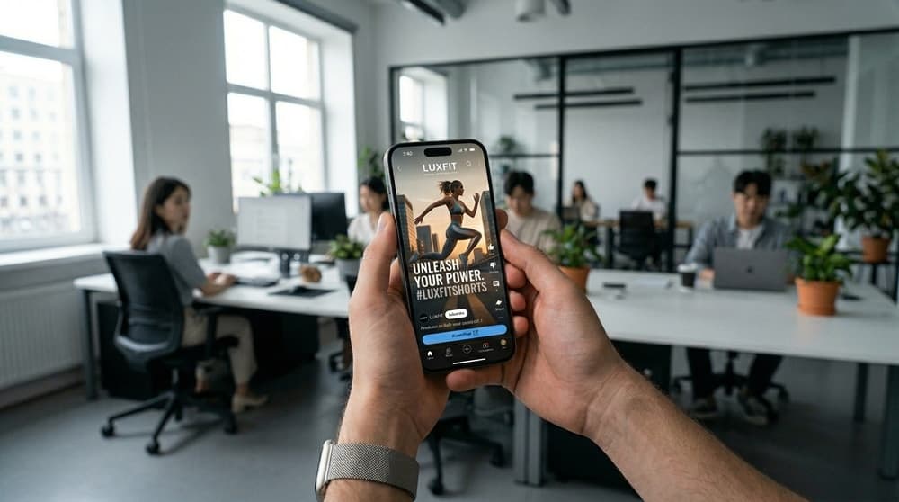 세로형 스마트폰 화면에 표시된 프리미엄 브랜드의 dynamic YouTube Shorts ad를 쥐고 있는 전문적인 hands와 blurred office background.