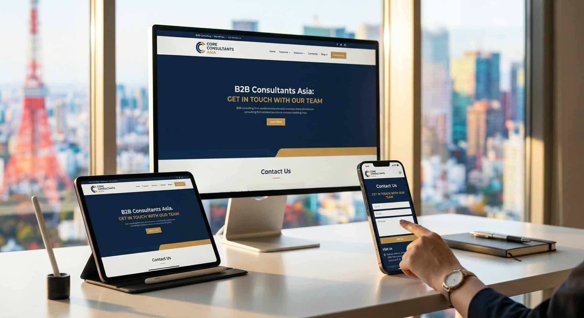 Blurry Seoul city skyline을 배경으로 polished white desk 위에서 동일한 B2B consulting firm의 responsive WordPress website를 출력하는 세 대의 premium devices와 스마트폰을 스크롤하는 손의 렌더링.