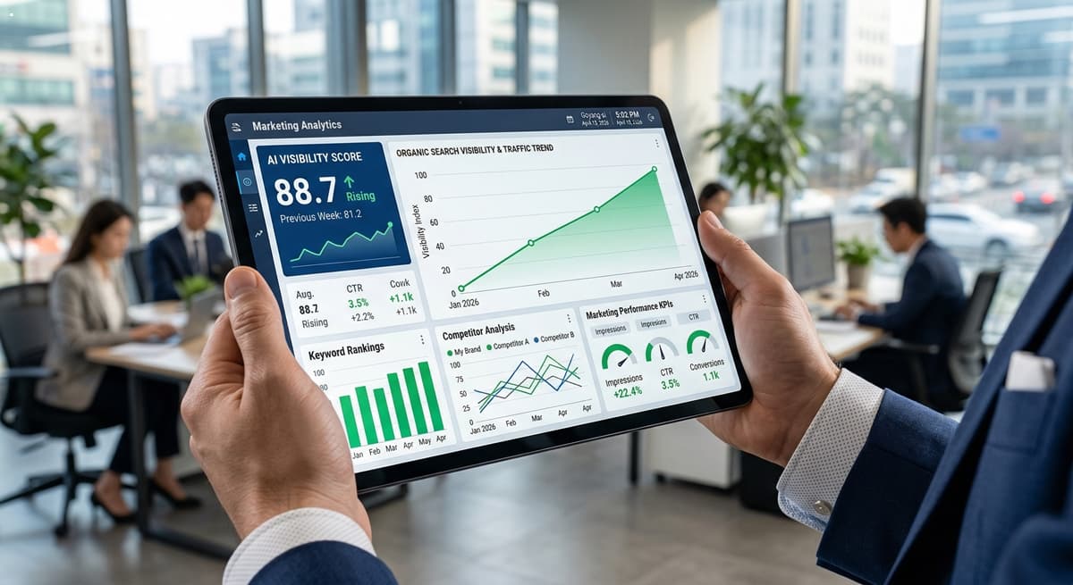 전문가의 손에 들린 태블릿 화면에 표시된 AI Visibility Score와 우상향하는 marketing analytics dashboard 그래프. 현대적인 오피스 배경과 realistic lighting이 조화된 8K 비즈니스 이미지.