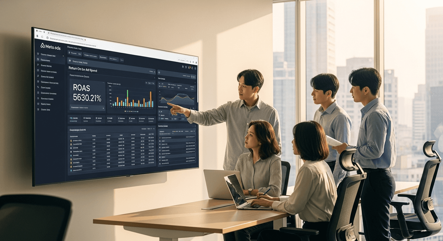 서울 오피스에서 메타 광고 대시보드의 ROAS 지표를 분석하는 피앤에이마케팅 전문가팀