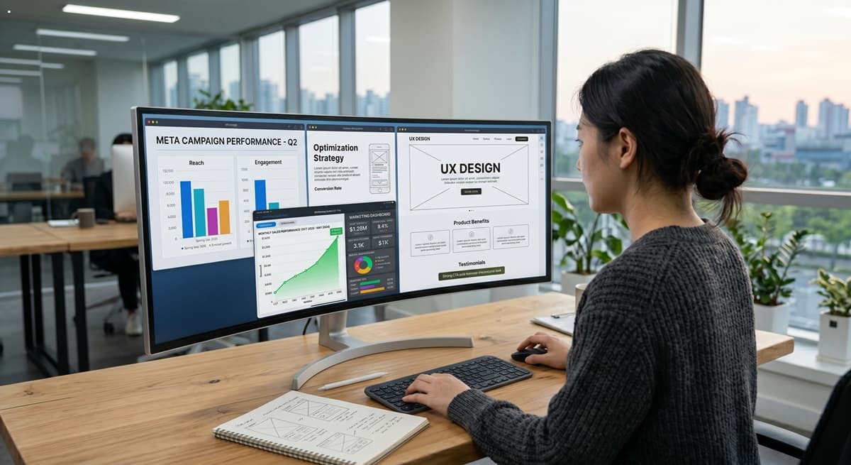 고해상도 모니터에서 유저 체류 시간 확장을 위해 랜딩 페이지를 설계하는 UI/UX 전문가 (UX designer optimizing a digital marketing landing page)