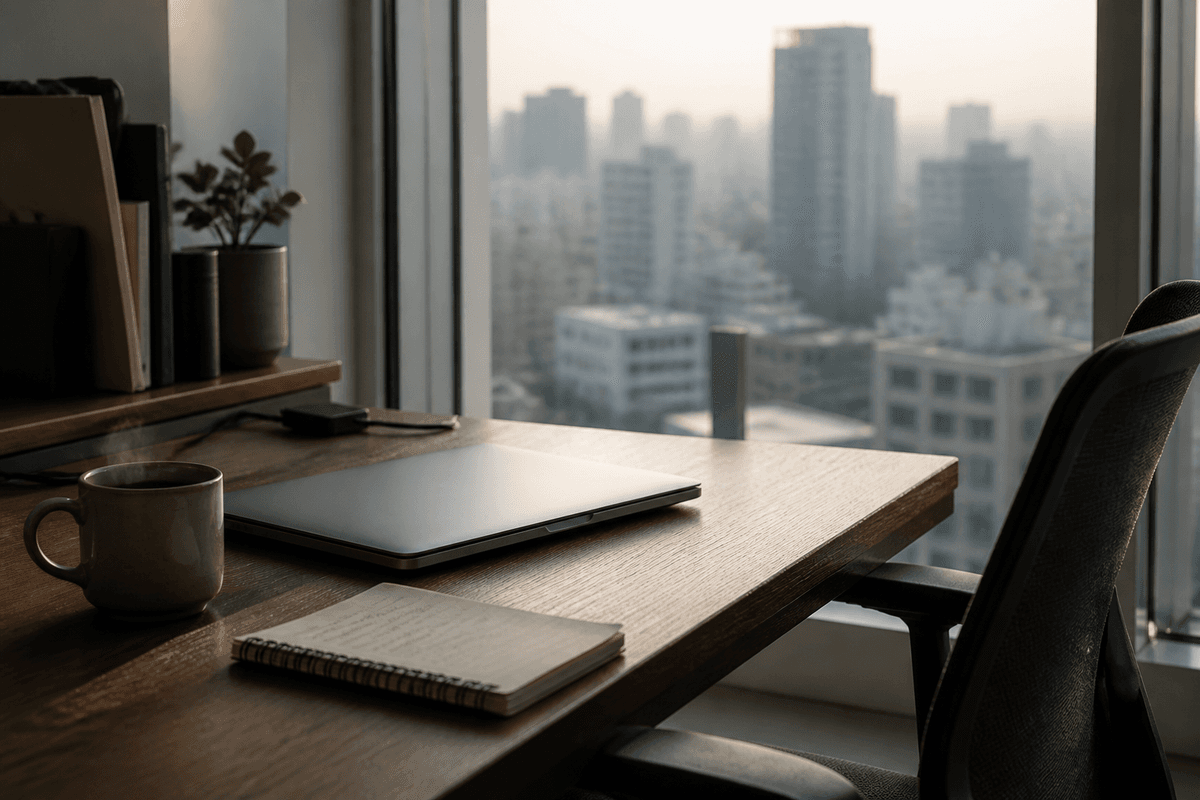 B2B 구글 마케팅 성과 점검을 앞둔 아침, 창가 desk와 빈 의자가 놓인 Korean startup office 풍경