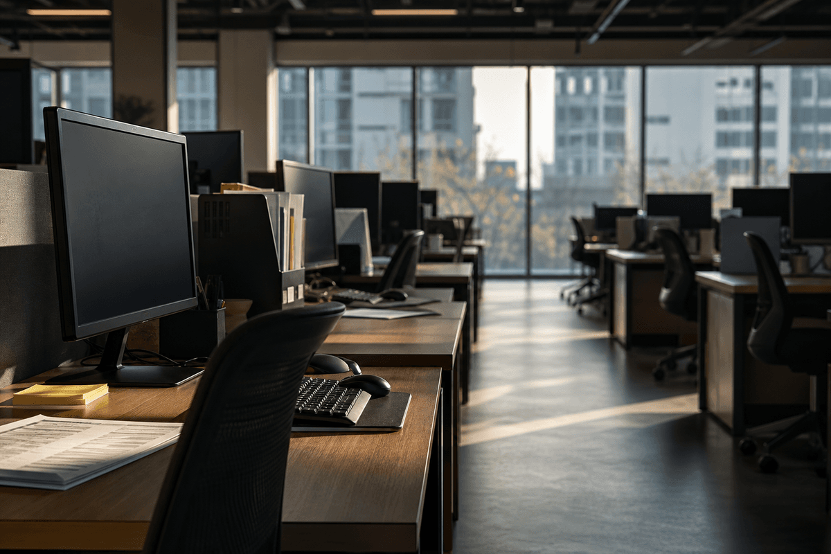브랜드 임팩트 강화 캠페인을 준비하는 이른 아침 Korean startup office 전경, 창가로 이어진 빈 desk 라인과 morning light