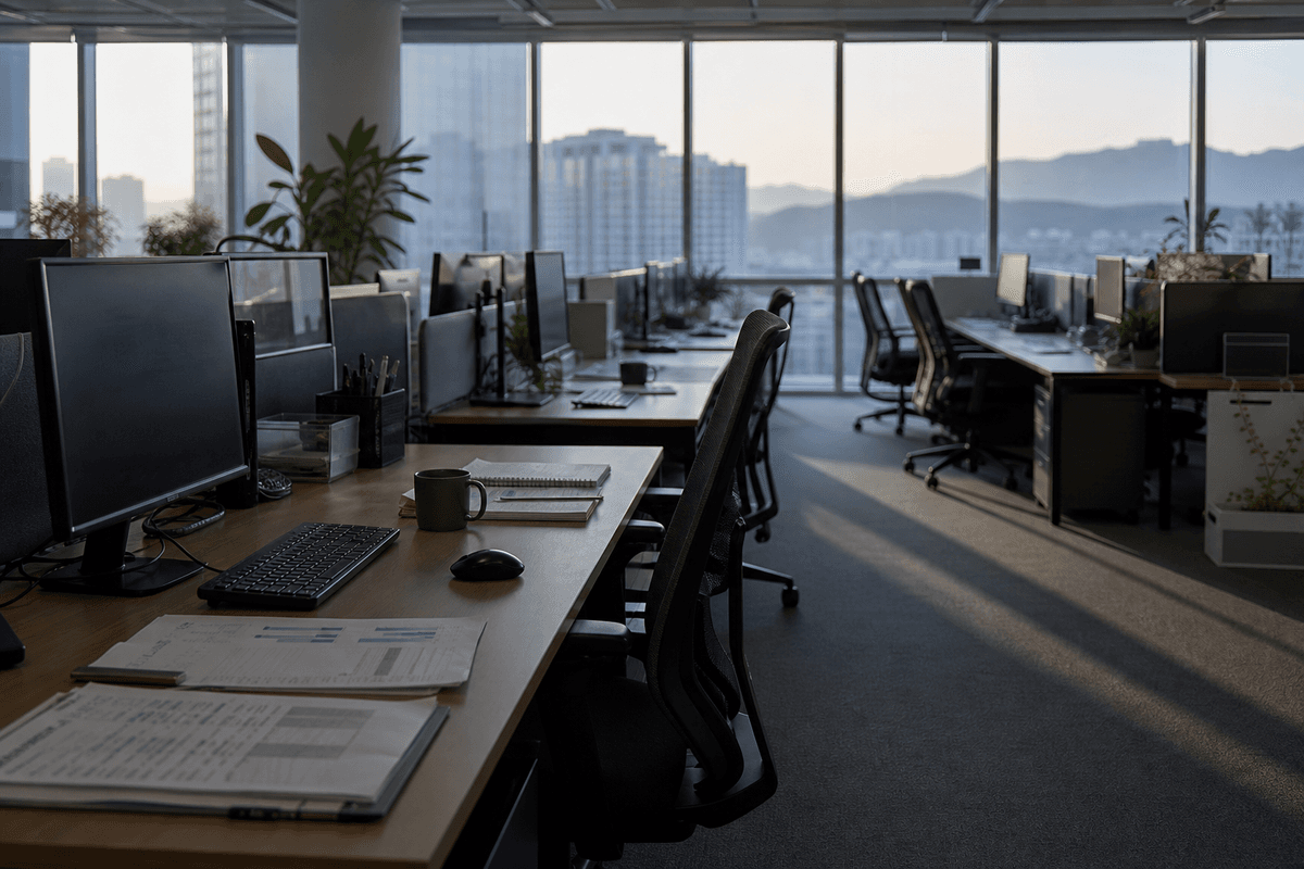 차세대 검색 최적화 준비를 앞둔 이른 아침, 창가 쪽으로 이어진 빈 데스크가 보이는 한국 스타트업 office floor wide shot