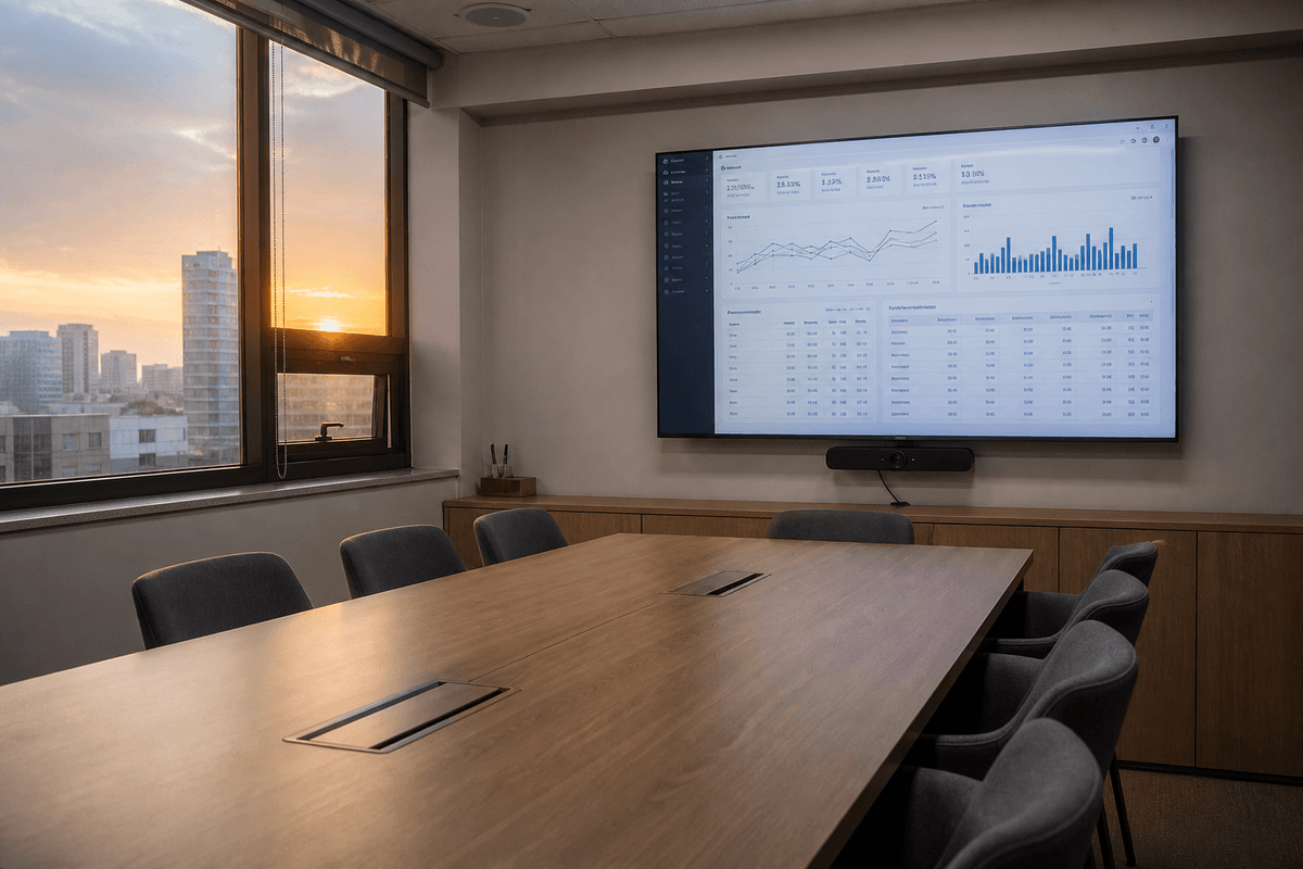 퍼포먼스 마케터 필수 지표 정리 기준을 띄운 회의실 wall-mounted performance dashboard 화면과 비어 있는 미팅 테이블