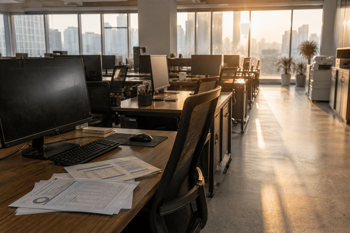 ROAS 개선 및 계산 법 점검이 시작되는 이른 아침, 사람 없는 한국 스타트업 office floor 와이드 컷