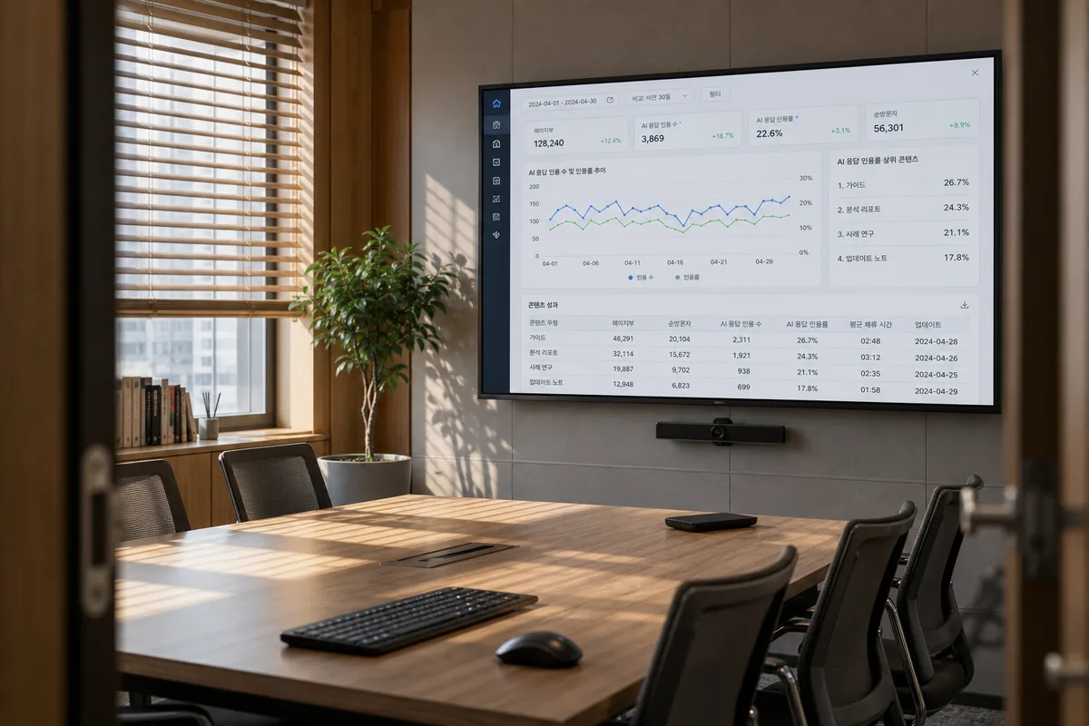 빈 회의실 벽면 스크린에 EEAT 강화 방법 점검용 AI citation share dashboard가 표시된 이른 아침 office 전경