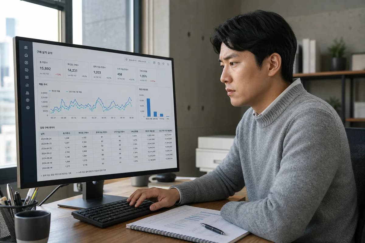 워드프레스 GA4 연동 및 전자상거래 구매 추적 현황을 모니터의 purchase 리포트로 점검하는 한국인 마케터