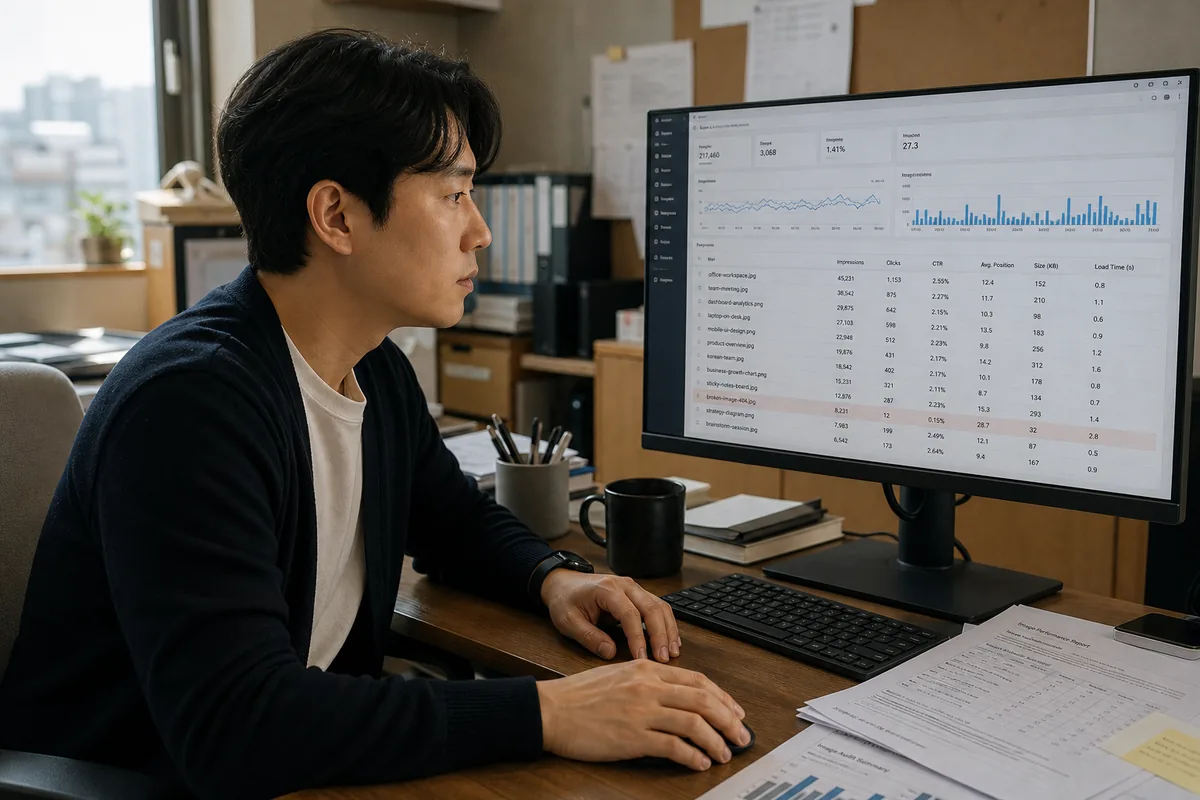 이미지 SEO 최적화 점검을 위해 이미지별 노출과 클릭 데이터를 확인하는 한국인 마케터의 dashboard 화면
