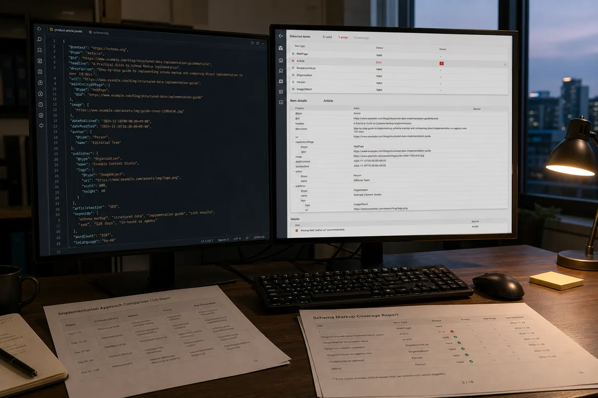 스키마 마크업 적용 가이드 작업 화면, JSON-LD 코드와 구조화 데이터 Validation 콘솔이 나란히 켜진 듀얼 모니터